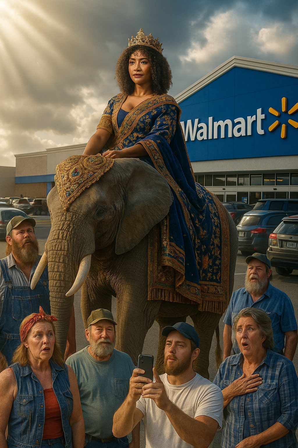 Jenna Beck arrives at walmart on an elephant on her hunt for bwc