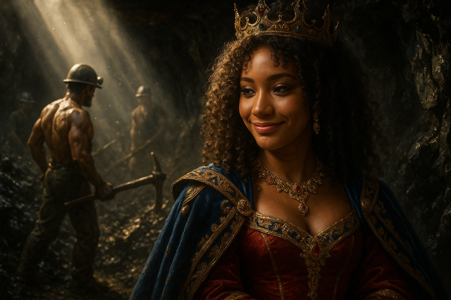 Jenna Beck the African Queen gazes with lust as shirtless white miner man
