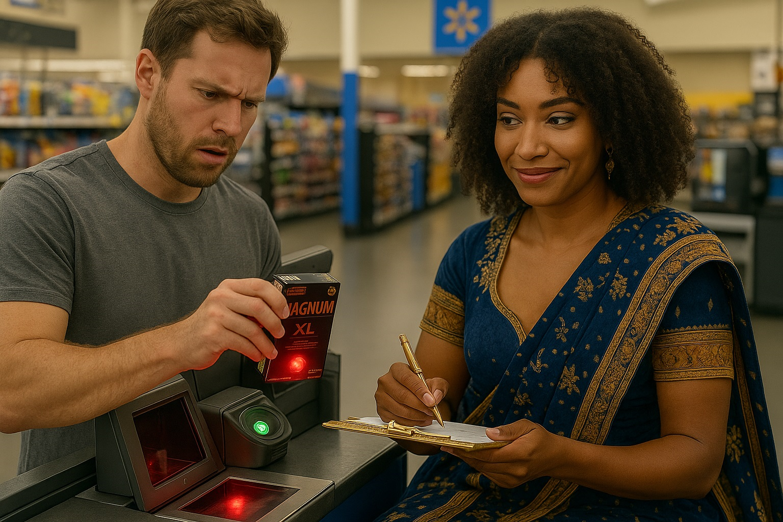 Jenna Beck scanning magnum xl condoms with a white guy at walmart
