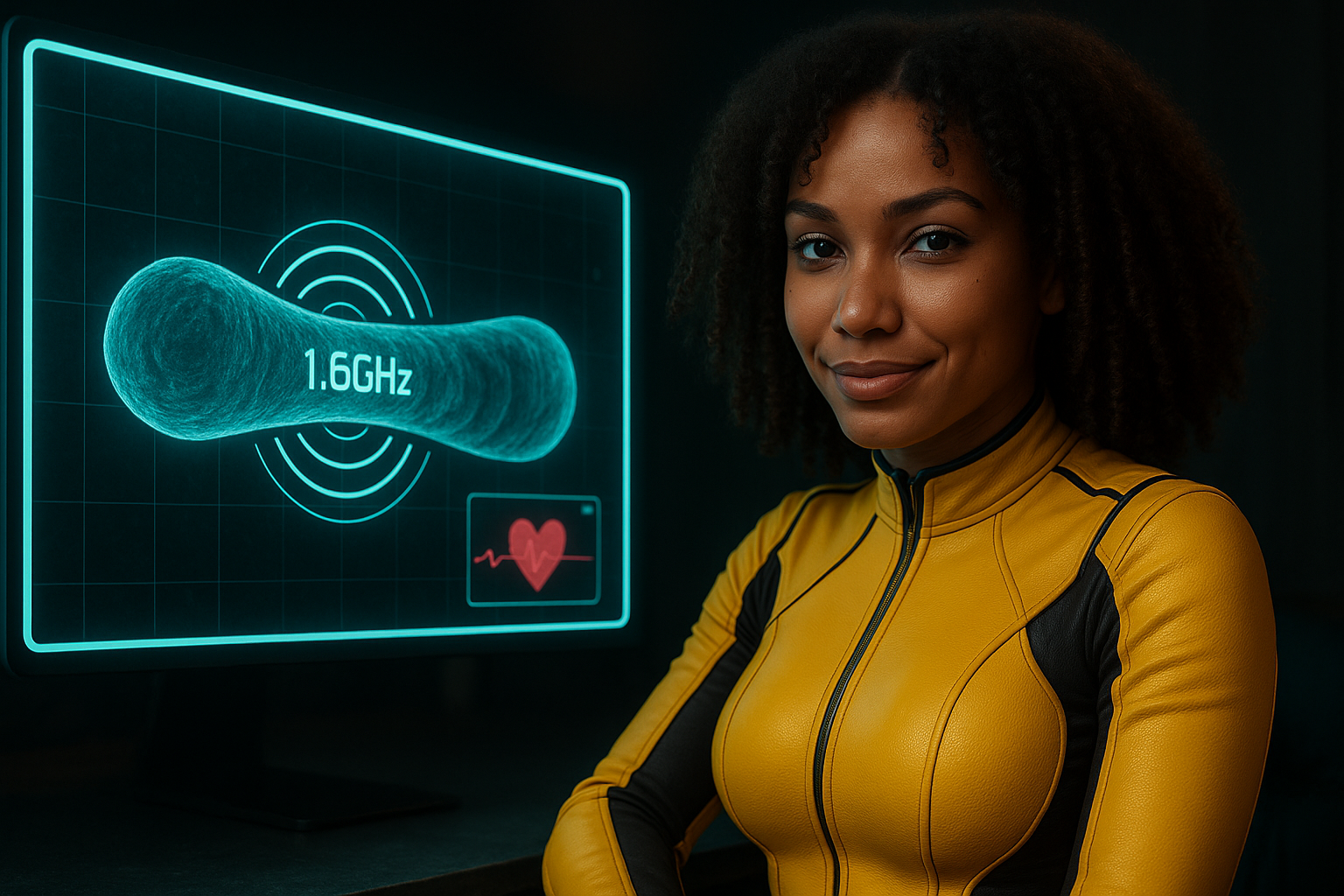 Jenna Beck sits confidently beside a digital display showing a 1.6GHz signal emitting from a sausage-shaped anomaly.