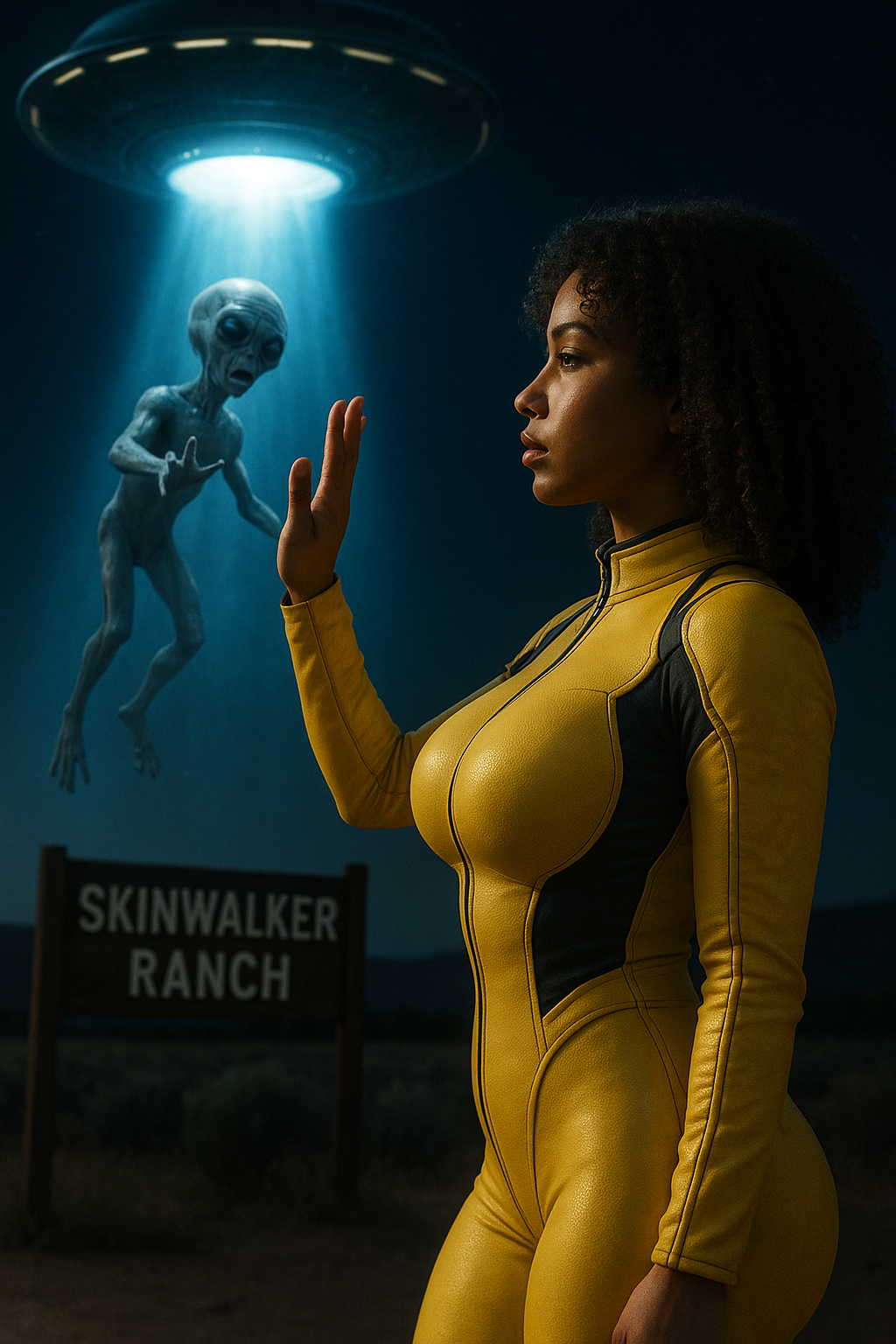 Jenna Beck raises a hand in farewell as a grey alien is tractor-beamed into a UFO above Skinwalker Ranch.
