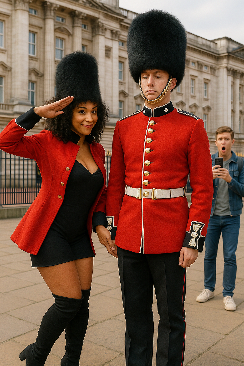 Jenna Beck in a cheeky salute wearing a red coat and bearskin hat, standing next to a stiff-lipped Buckingham Palace guard while a tourist freaks out in the background