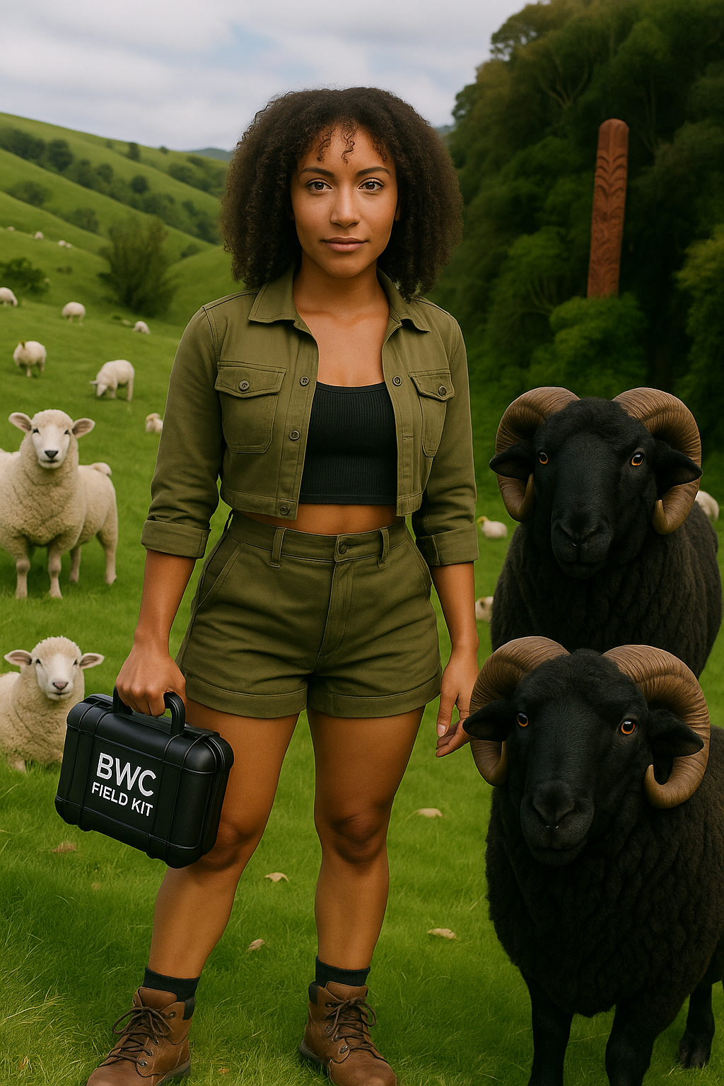 Jenna Beck holding a BWC Field Kit among black rams and sheep in the green hills of New Zealand