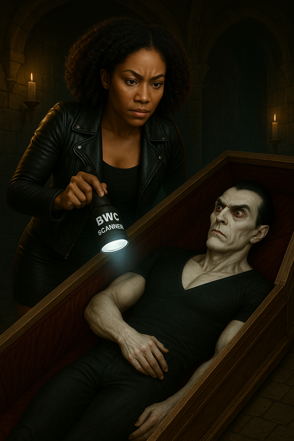 Jenna Beck pointing a flashlight labeled “BWC Scanner” at a surprised vampire lying stiffly in a coffin