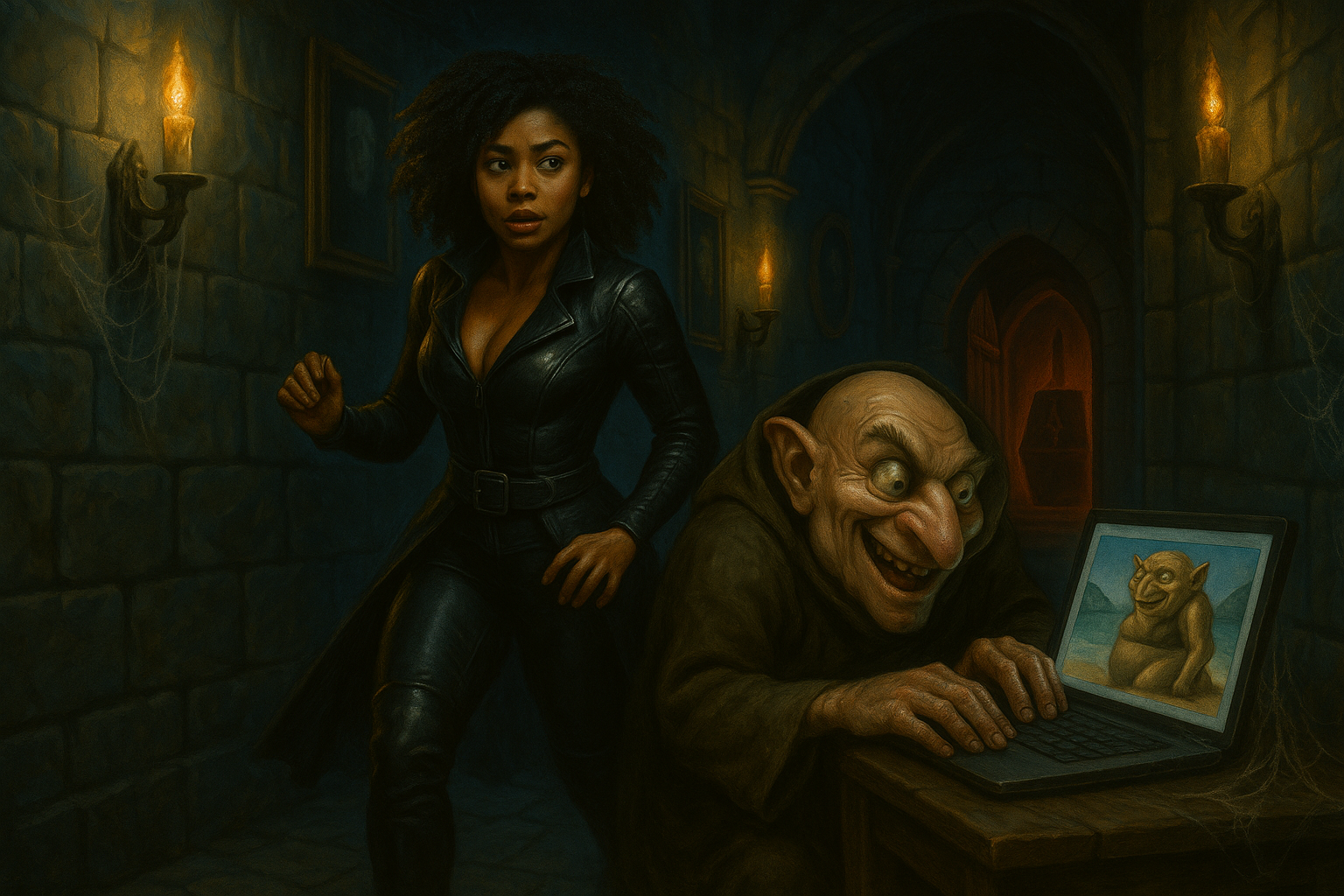 Jenna Beck catching a ghoulish troll watching a goblin girl on a laptop deep in Dracula’s dungeon, torchlight illuminating their faces