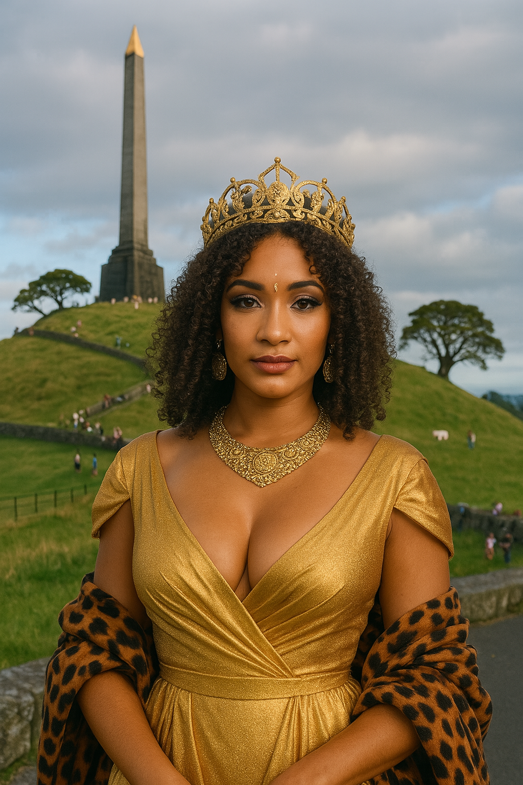 Jenna Beck in a gold dress and crown at One Tree Hill in Auckland, posing like a queen under cloudy skies