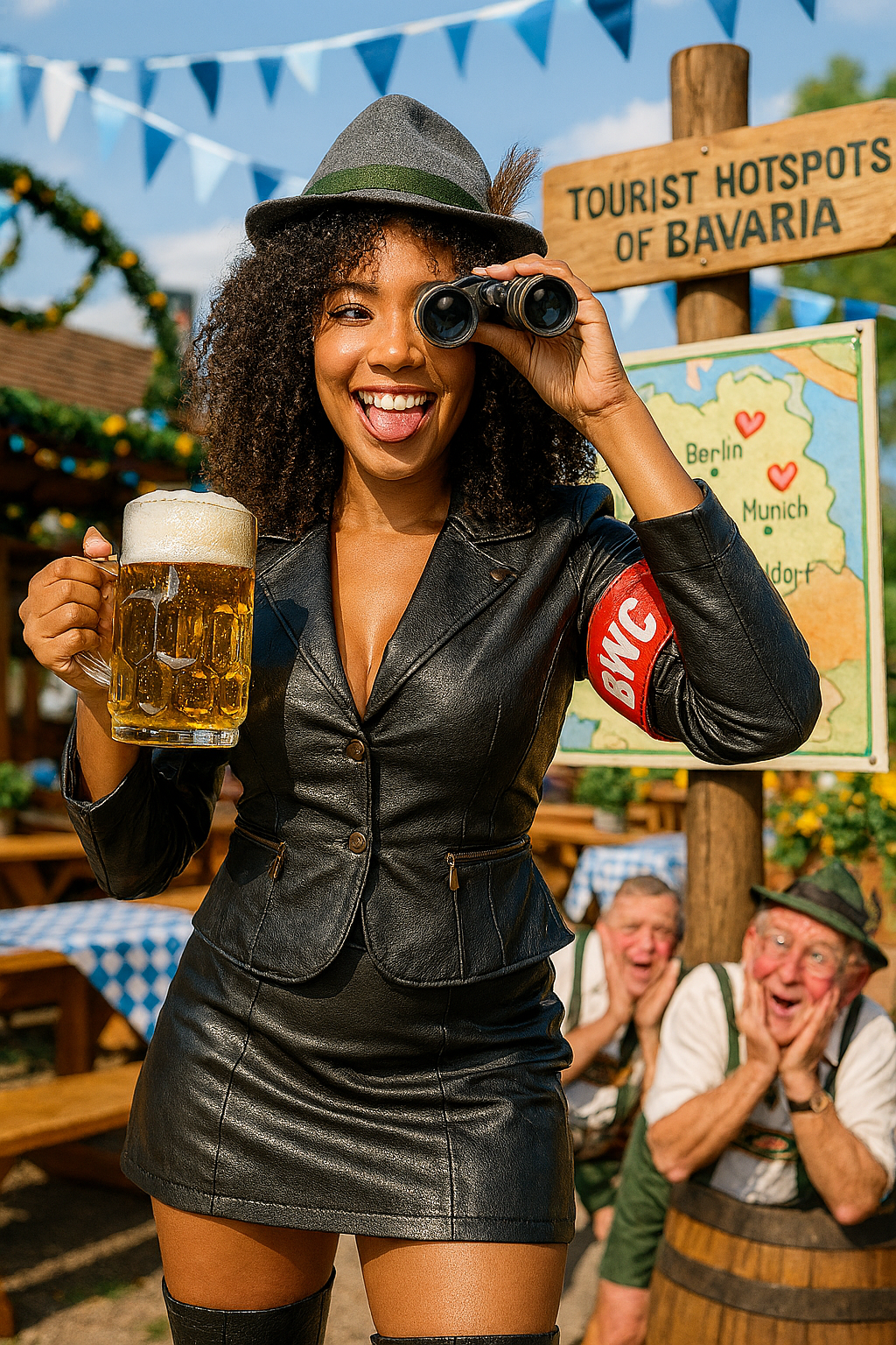 Jenna Beck in a leather suit with a "BWC" armband, holding binoculars and a beer while sticking her tongue out, standing by a cheeky Bavaria tourist map