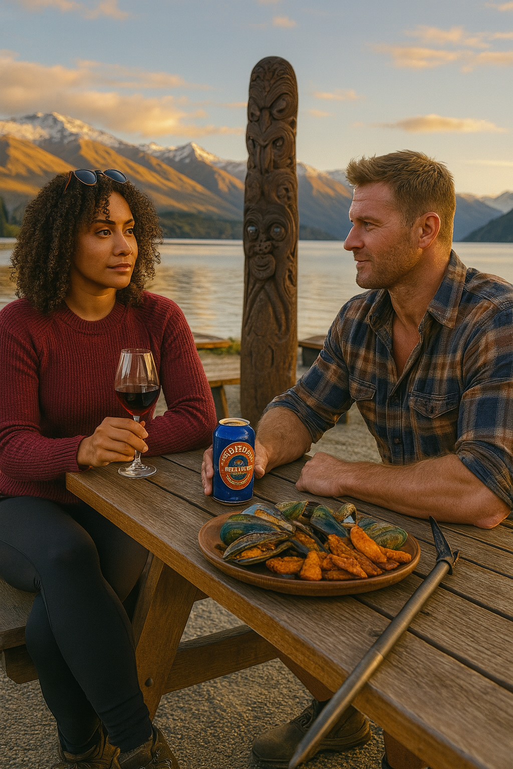 Jenna Beck sipping wine with a rugged Kiwi man by Lake Wanaka with mussels, kumara, and a Speight