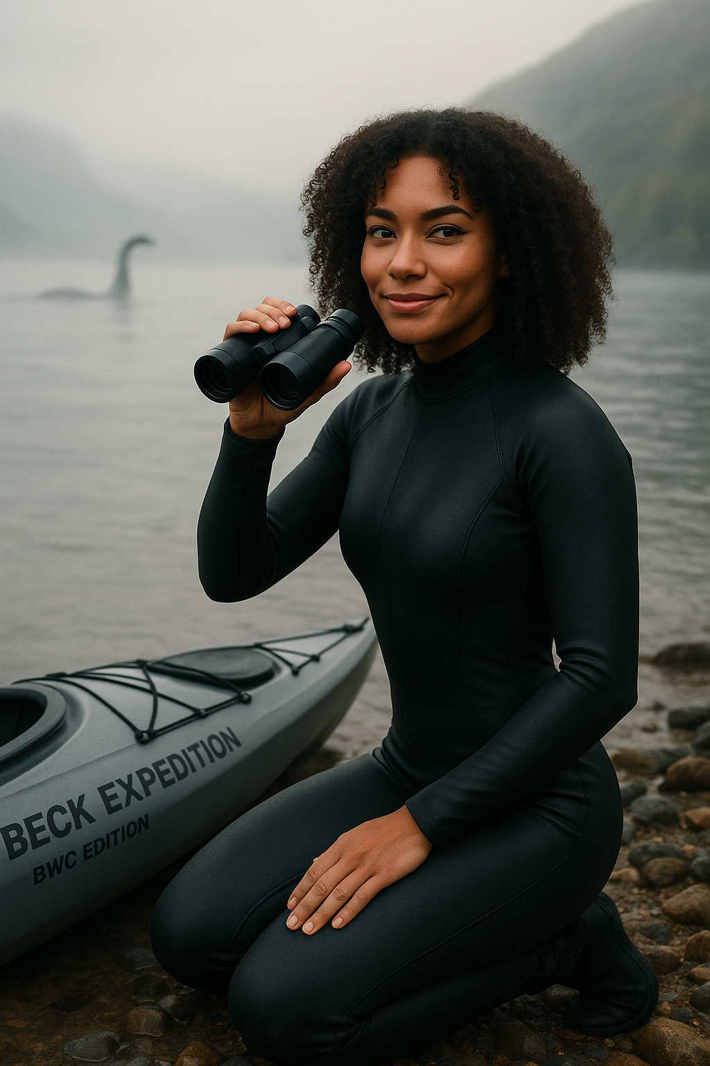 Jenna Beck kneeling beside a kayak labeled “BWC Expedition,” wearing a wetsuit and holding binoculars with a smirk, Nessie visible in the misty loch behind her