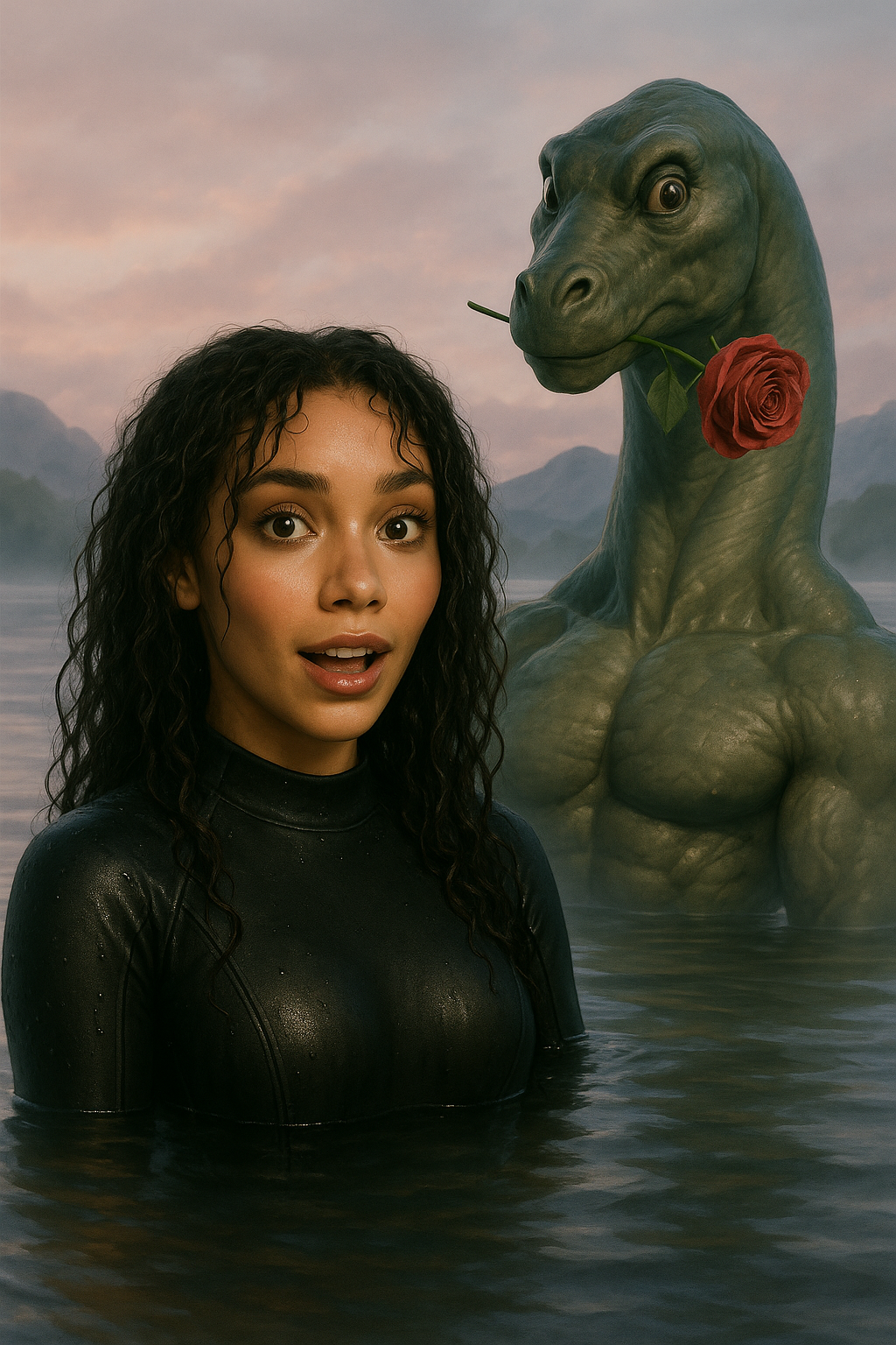 Jenna Beck waist-deep in the loch, wetsuit soaked, shocked expression as a jacked, muscular Loch Ness Monster rises behind her with a rose between its teeth