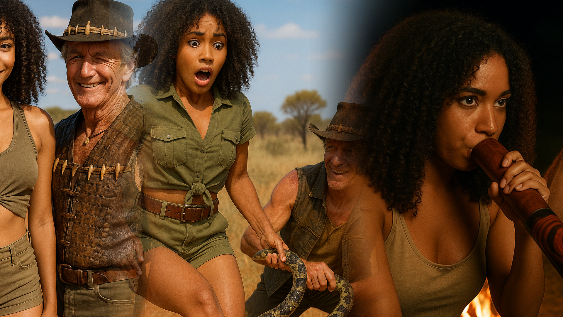 Jenna Beck in safari-chic khaki holding a GPS beside a rugged Aussie guide, giving side-eye like she already found the snake worth tracking
