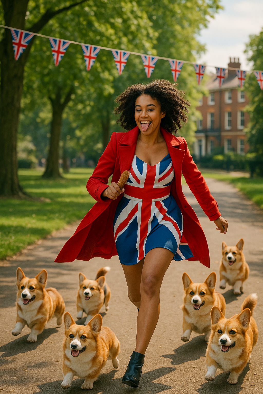 Jenna Beck laughing while running through a park in a Union Jack dress, holding a sausage and being chased by a joyous pack of royal corgis