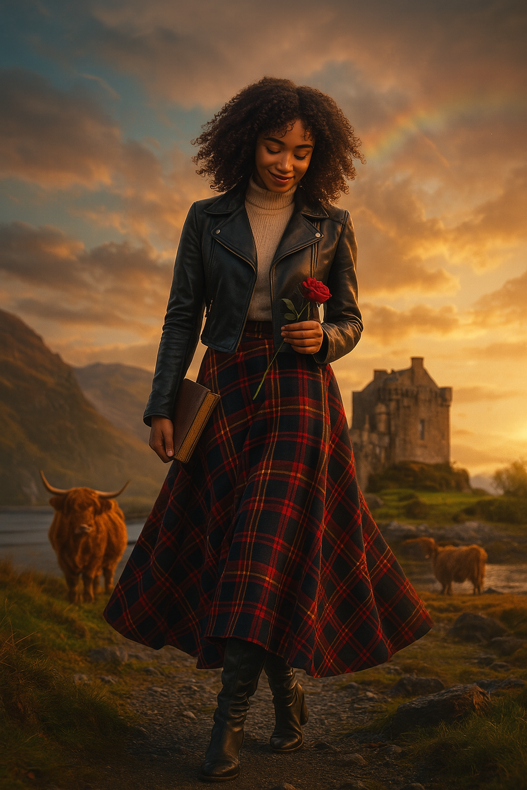 Jenna Beck walking near a Scottish castle at golden hour, holding a red rose and a journal, wrapped in a plaid tartan skirt with Highland cows behind her