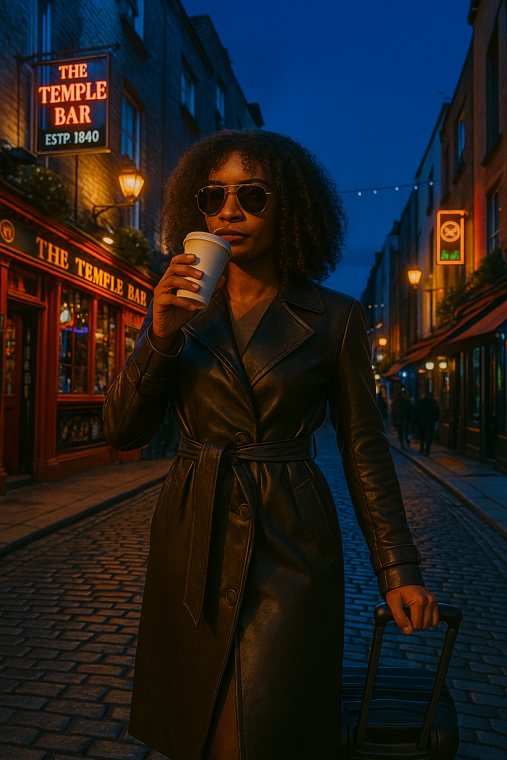 Jenna Beck in a leather trench sipping coffee outside Temple Bar at twilight, suitcase in hand, radiating boss energy and BWC hunger