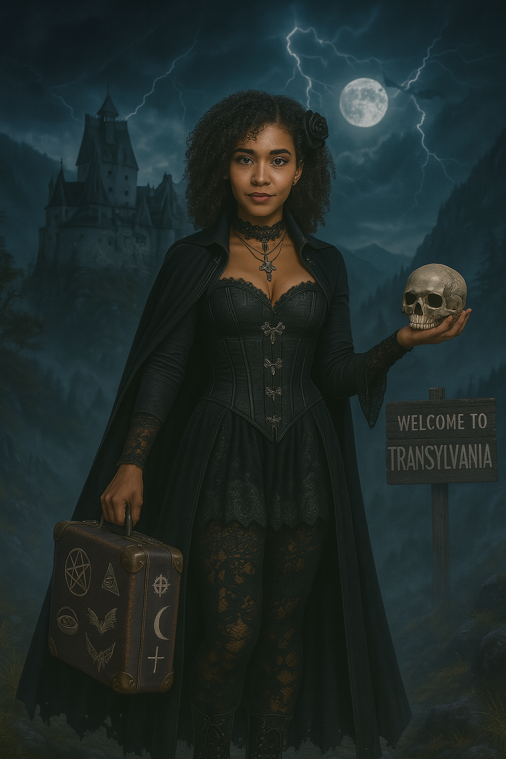Jenna Beck in gothic attire arriving at Dracula’s castle with lightning in the background, holding a skull and a suitcase marked with occult symbols