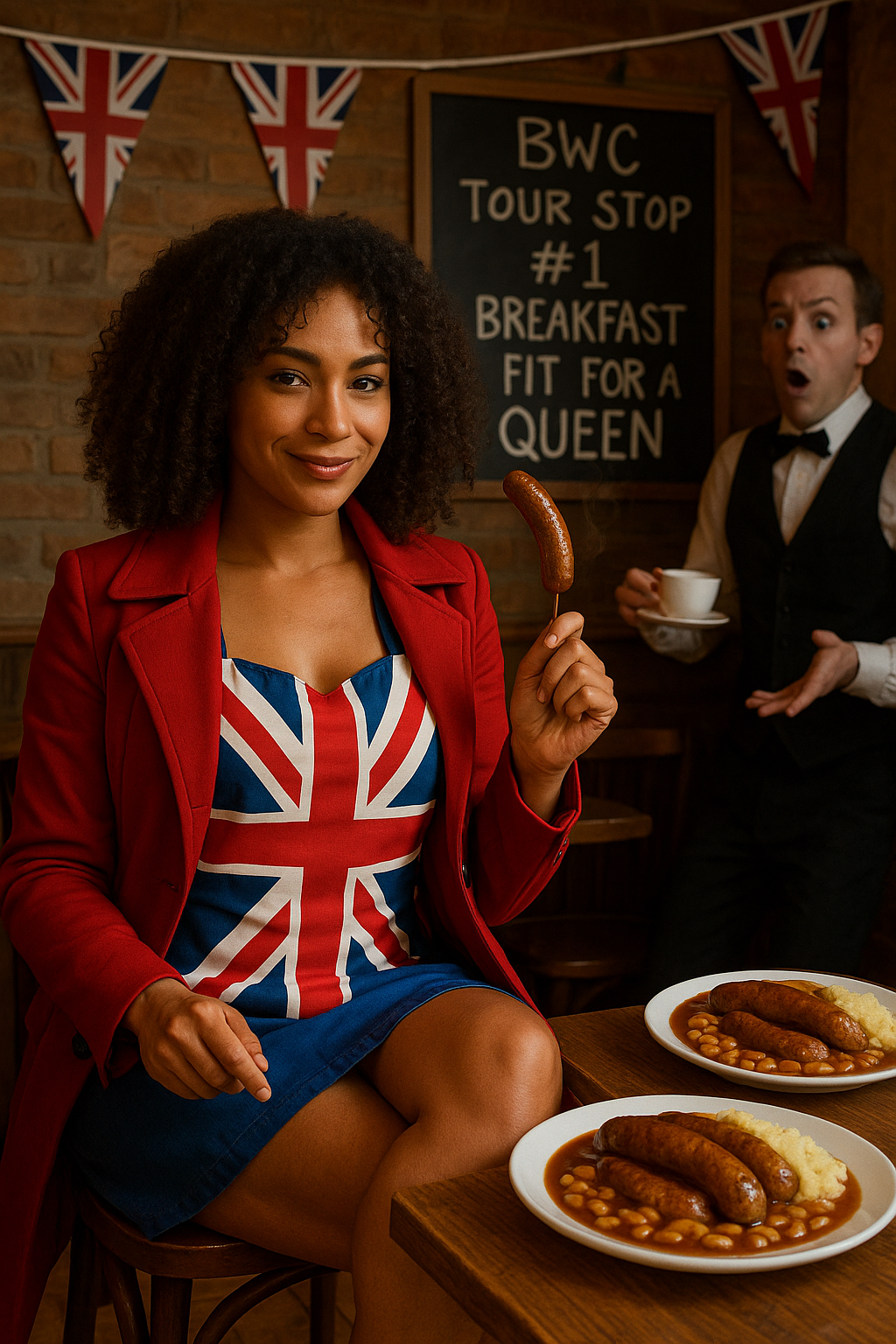 Jenna Beck in a Union Jack dress holding a sausage seductively at a traditional English breakfast table, as a shocked waiter stares on in awe