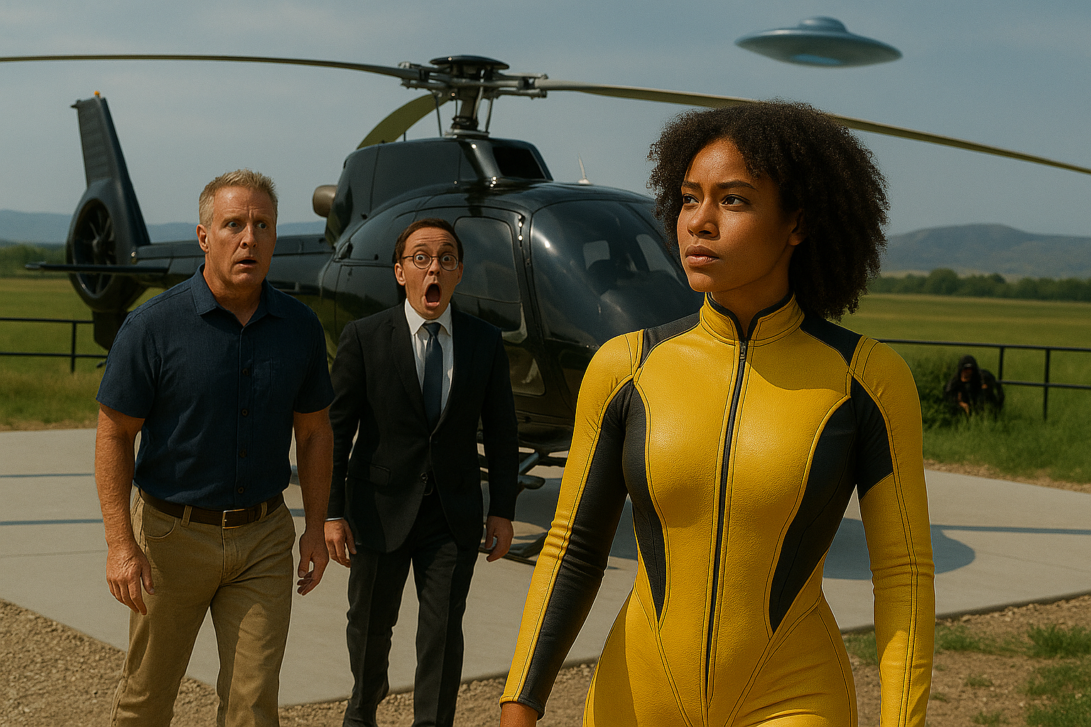 Jenna Beck stuns Skinwalker Ranch staff in a yellow bodysuit while a UFO flies overhead.
